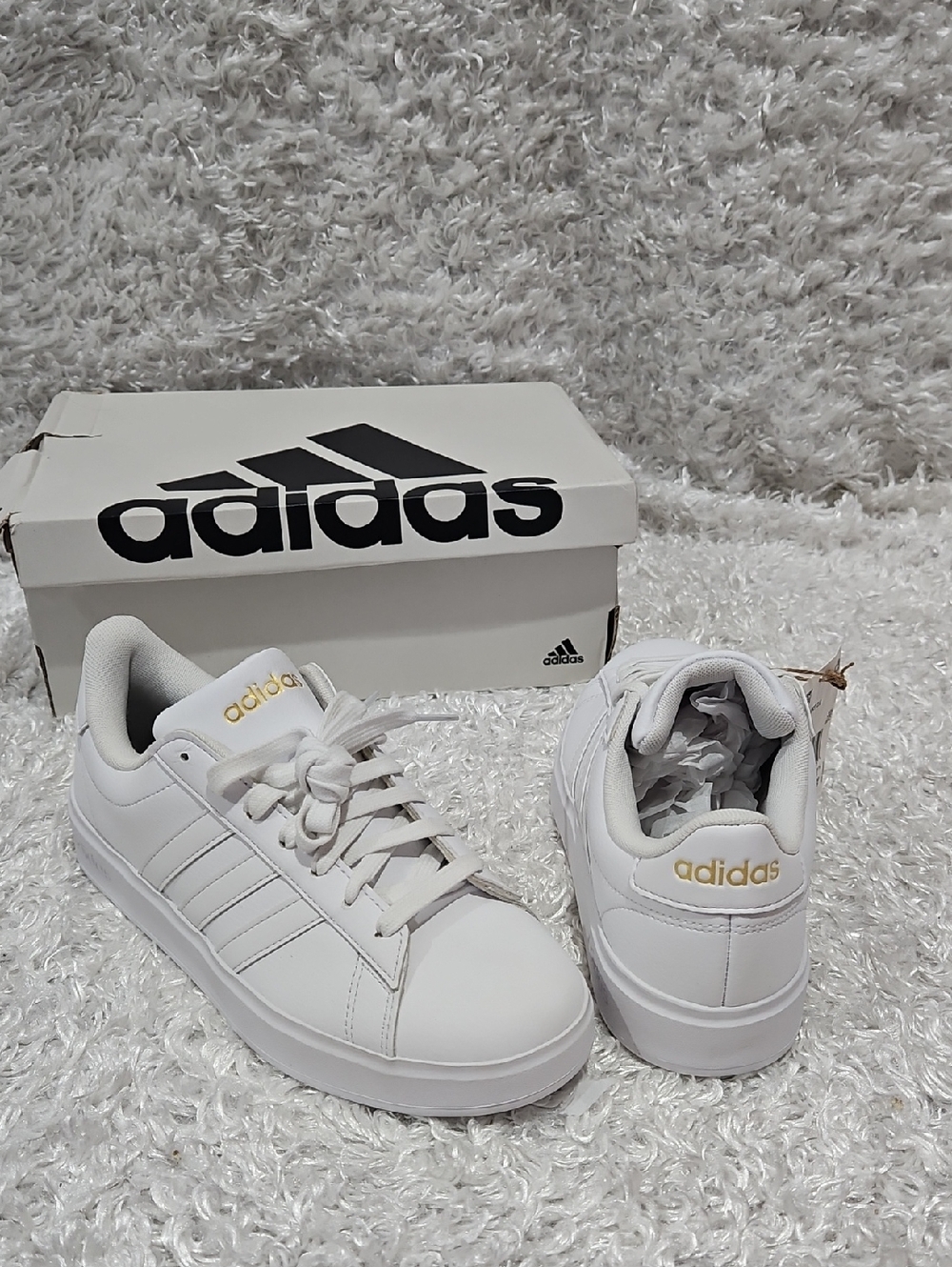 Adidas White Leather Grand Court Sleek White Sneakers